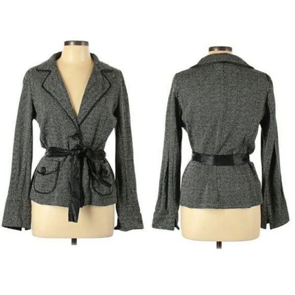 Gerard Darel Wool Faux Leather Trim Belted Button Single Breasted Blazer Sz 42 - Picture 12 of 12